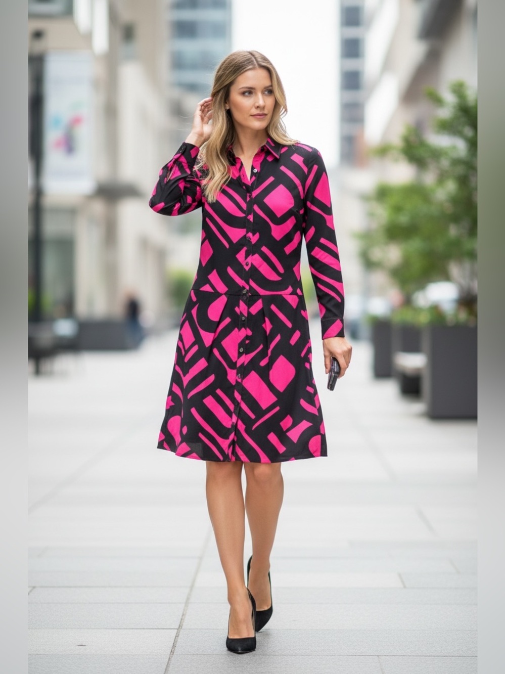 Etcetera Black and Hot Pink Geometric Long-Sleeve Shirt Dress size 0